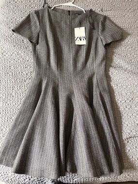 Zara Grey Pinstripe Fit-and-Flare Midi Dress